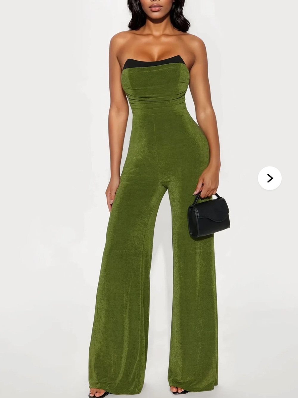 Fashion Nova Olive Green Strapless Wide-Leg Jumpsuit with Black Trim